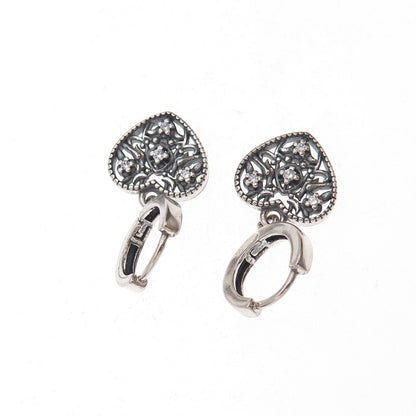 925 Sterling Silver Round-Cut C Z Heart Dangle Charm Hoop Earrings