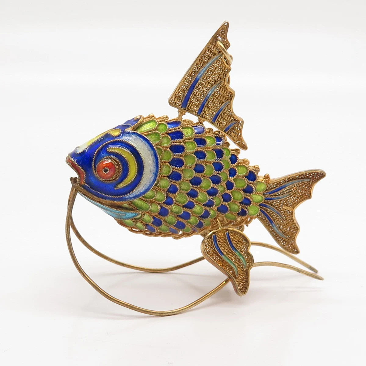 925 Sterling Silver Gold Plated Antique Enamel Chinese Koi Fish Chatelaine Fob