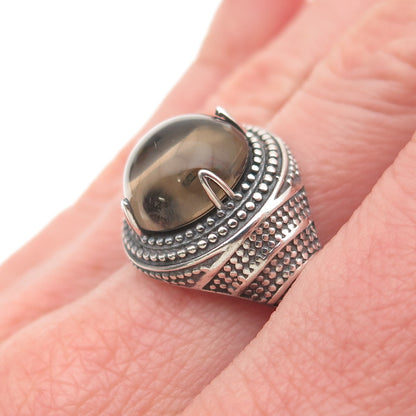925 Sterling Silver Vintage Real Smoky Quartz Oxidized Dotted Ring Size 9