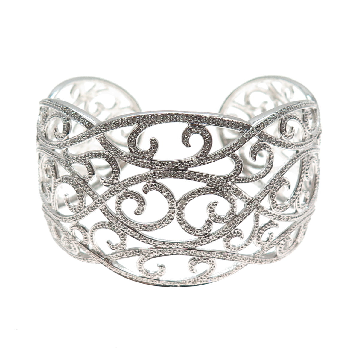 925 Sterling Silver Real Round-Cut Diamond Swirl Adjustable Cuff Bracelet 7"