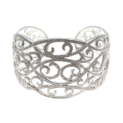 925 Sterling Silver Real Round-Cut Diamond Swirl Adjustable Cuff Bracelet 7"