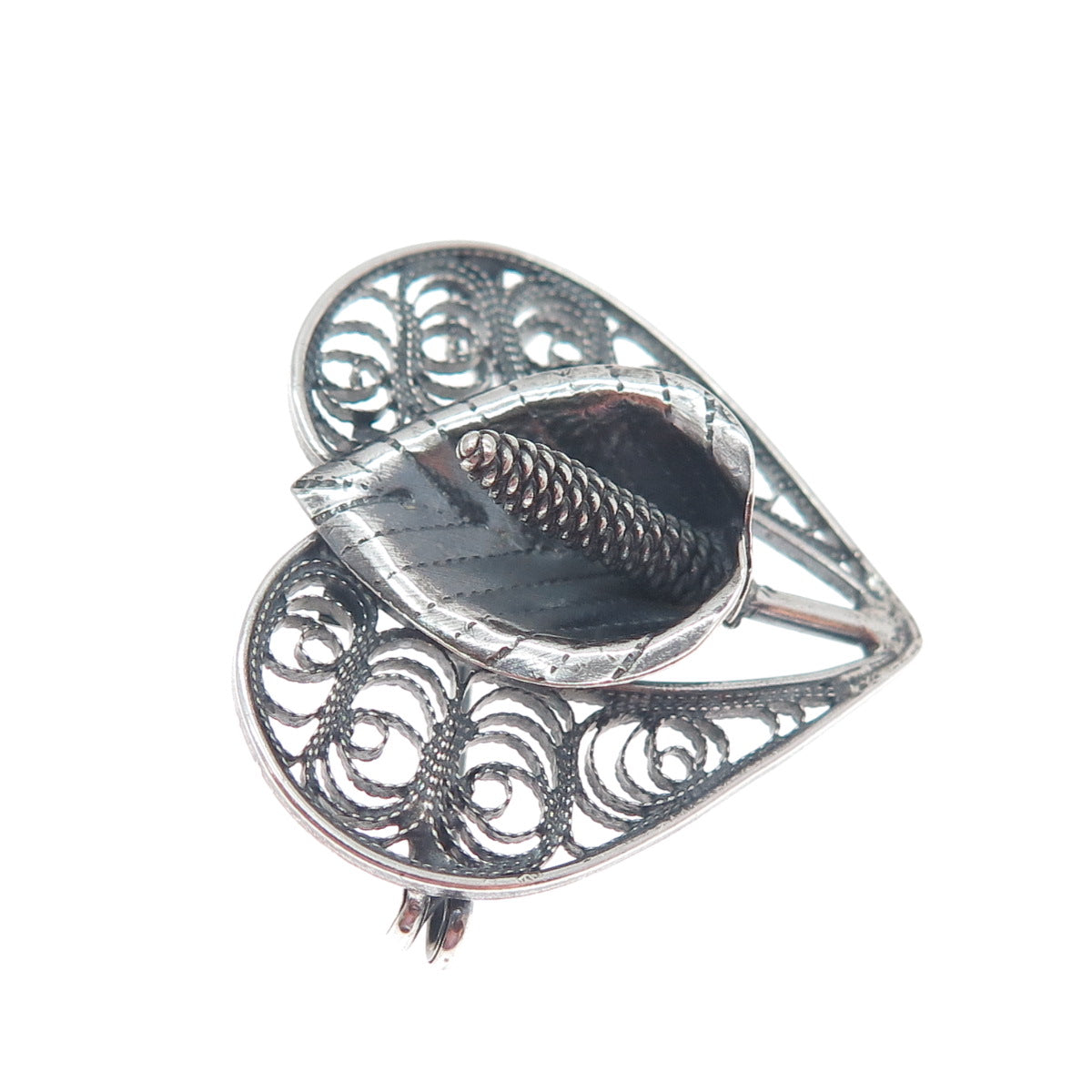 925 Sterling Silver Antique Art Deco Calla Lily Filigree Heart Oxidized Brooch