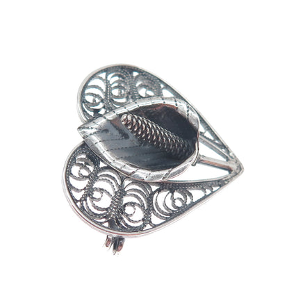 925 Sterling Silver Antique Art Deco Calla Lily Filigree Heart Oxidized Brooch