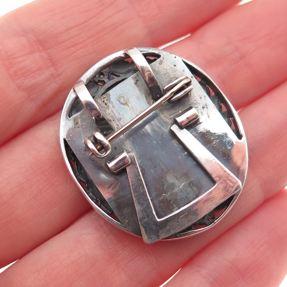 925 Sterling Silver 10K Gold Vintage Real Diamond Picture Frame Brooch / Pendant