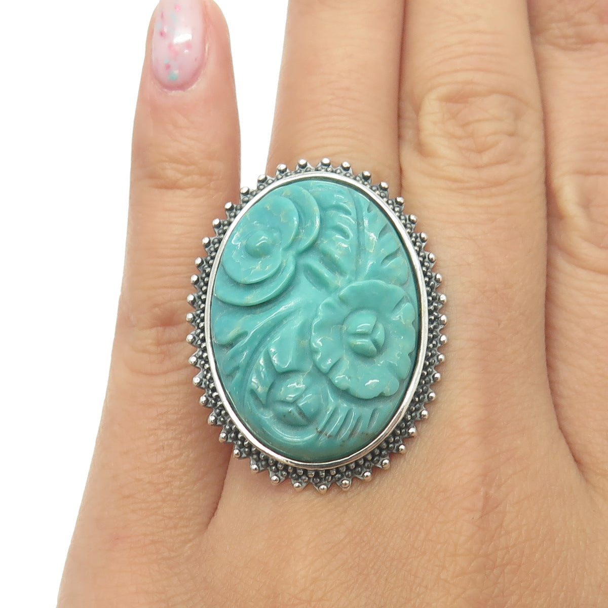 AMY KAHN RUSSELL Sterling Silver Turquoise Carved Floral Ring Size 6.25