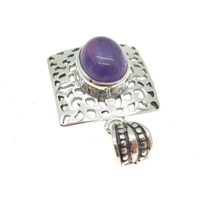 925 Sterling Silver Vintage Real Amethyst Gemstone Cutout Square Pendant