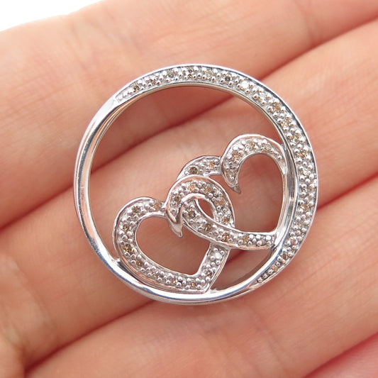 925 Sterling Silver Real Champagne Diamond Love Couple Heart Slide Pendant
