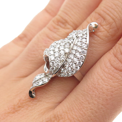 925 Sterling Silver Round-Cut C Z Modernist Floral Leaf Ring Size 7.75