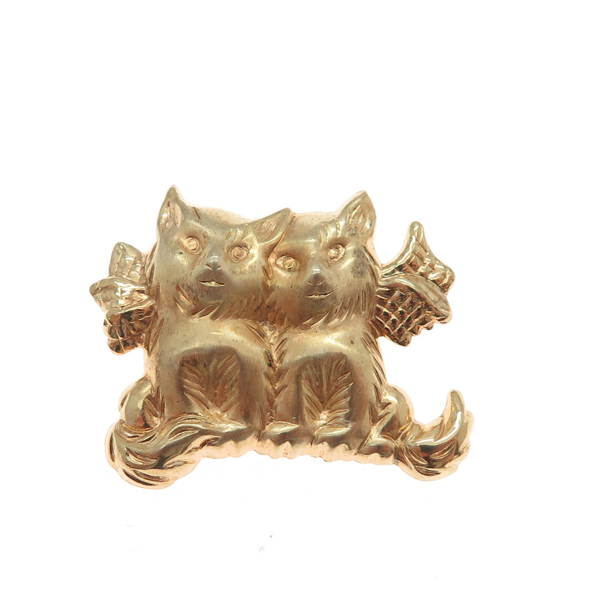 BEAU 925 Sterling Silver Gold Plated Vintage Dog Twins Repousse Pin Brooch