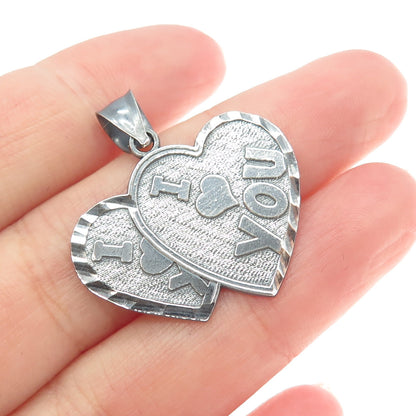 925 Sterling Silver Vintage "I Love You" Double Heart Pendant