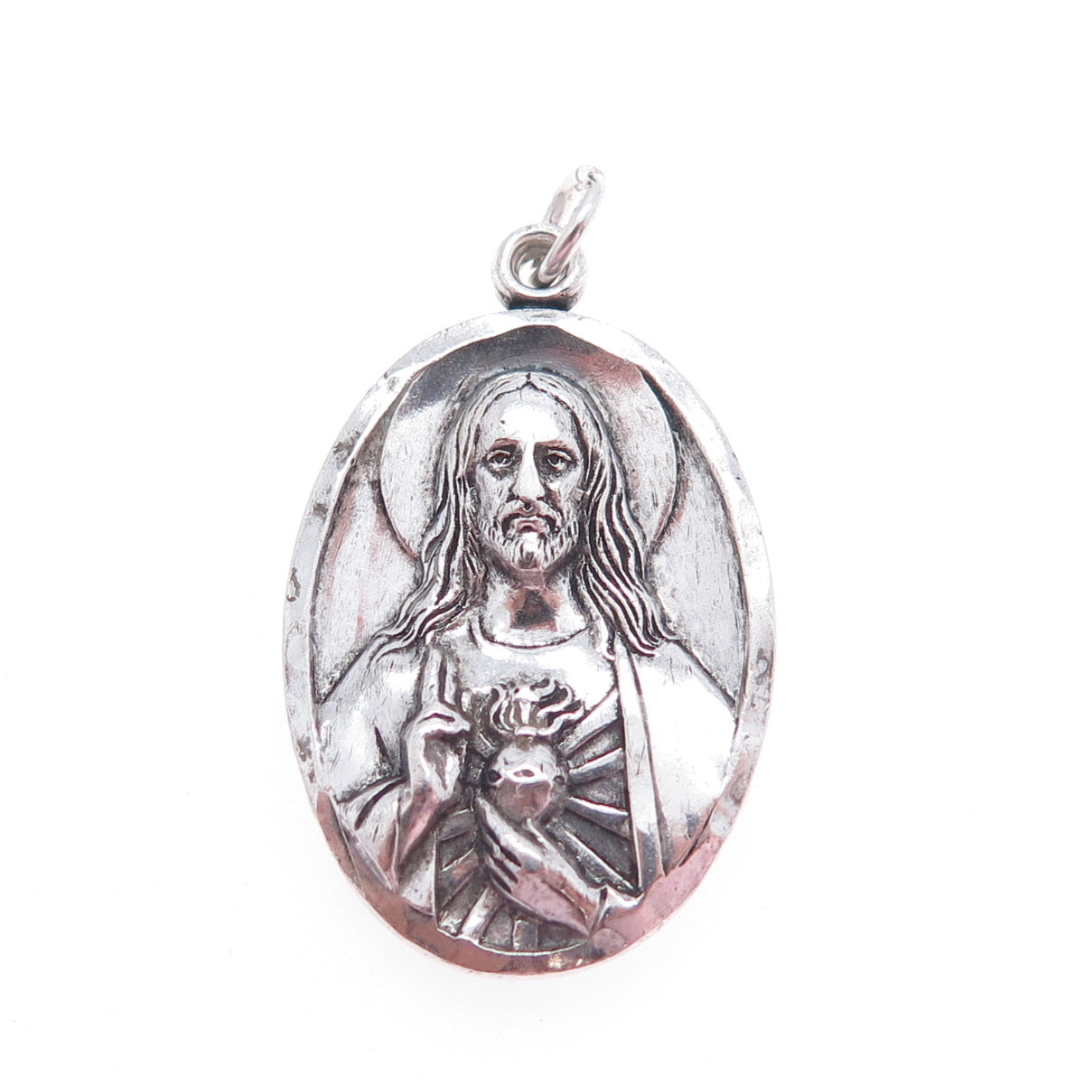 925 Sterling Silver Antique Art Deco St. Mary & Jesus Oxidized Charm Pendant