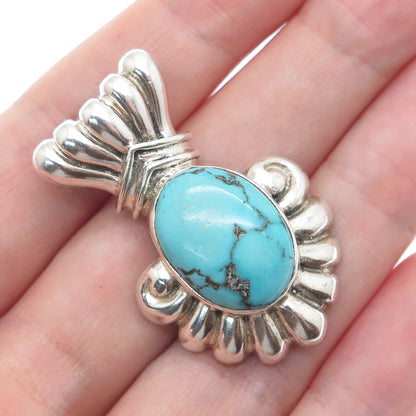925 Sterling Silver Vintage Real Morenci Turquoise Ribbed Oxidized Slide Pendant