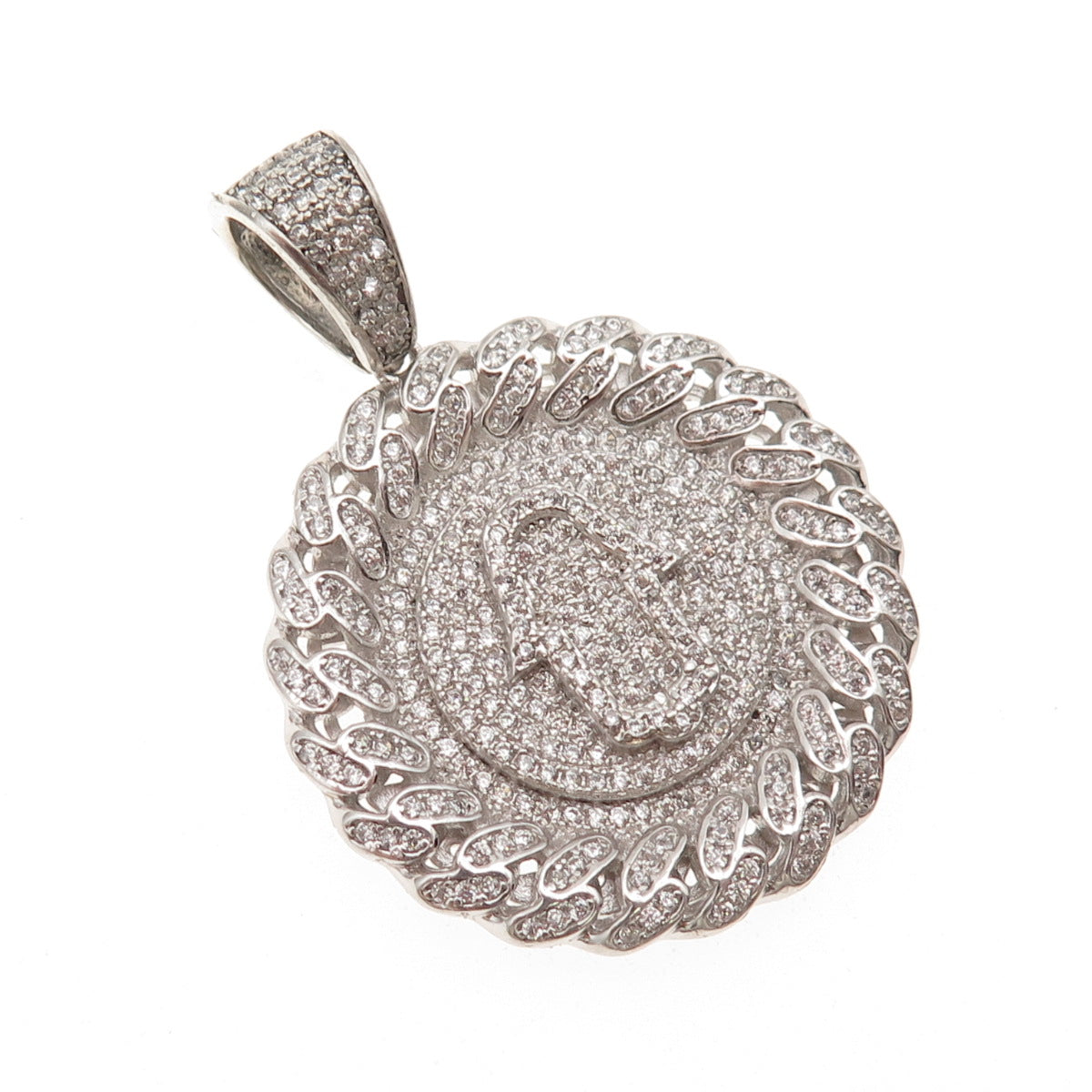 925 Sterling Silver Round-Cut C Z Hamsa Amulet Cuban Link Pendant