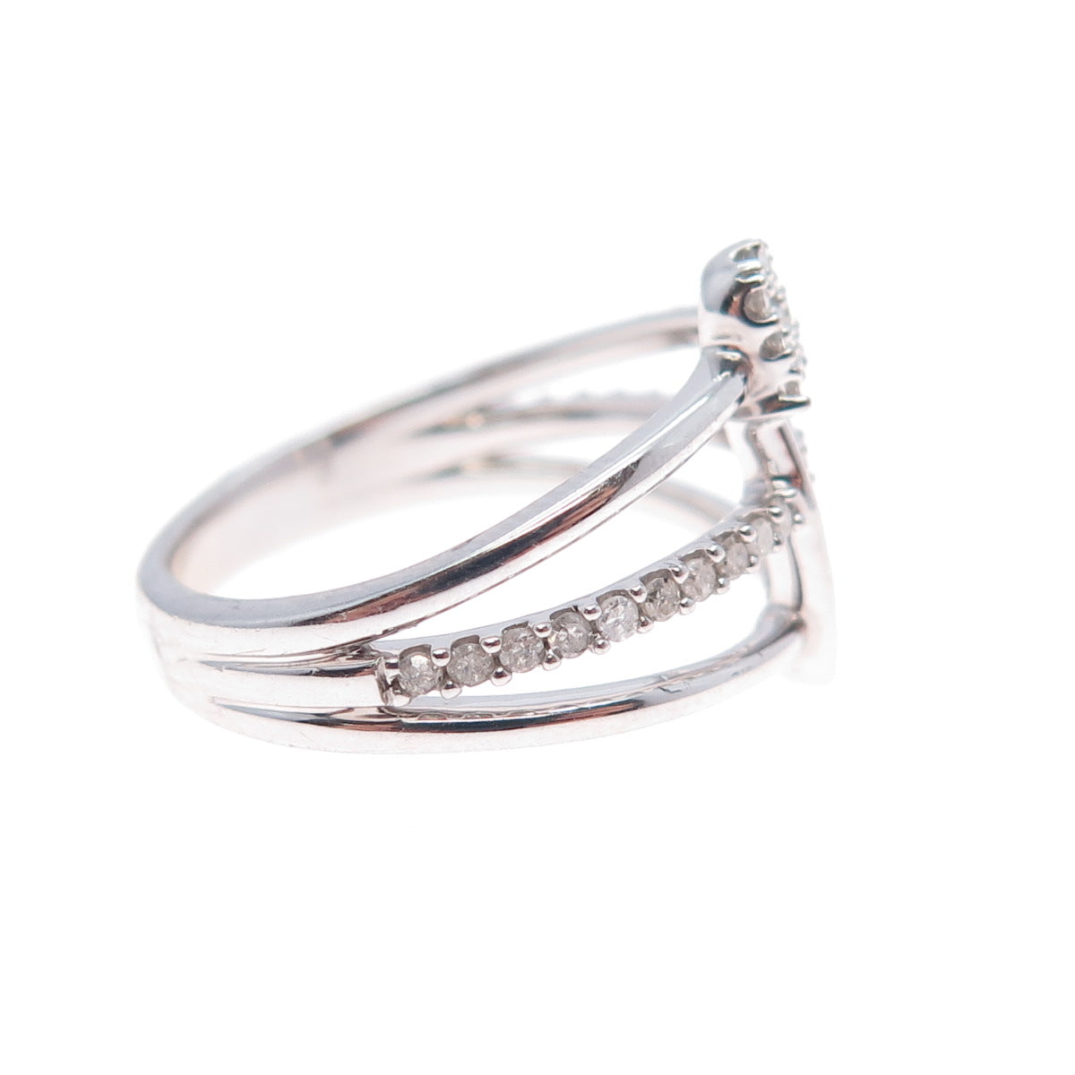 925 Sterling Silver Real Round-Cut Diamond Safety Pin 3-Row Ring Size 7