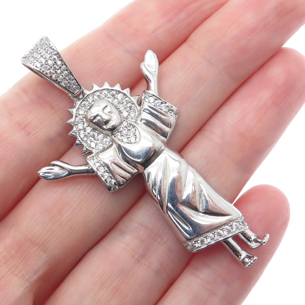 925 Sterling Silver Round-Cut C Z Jesus Charm Pendant