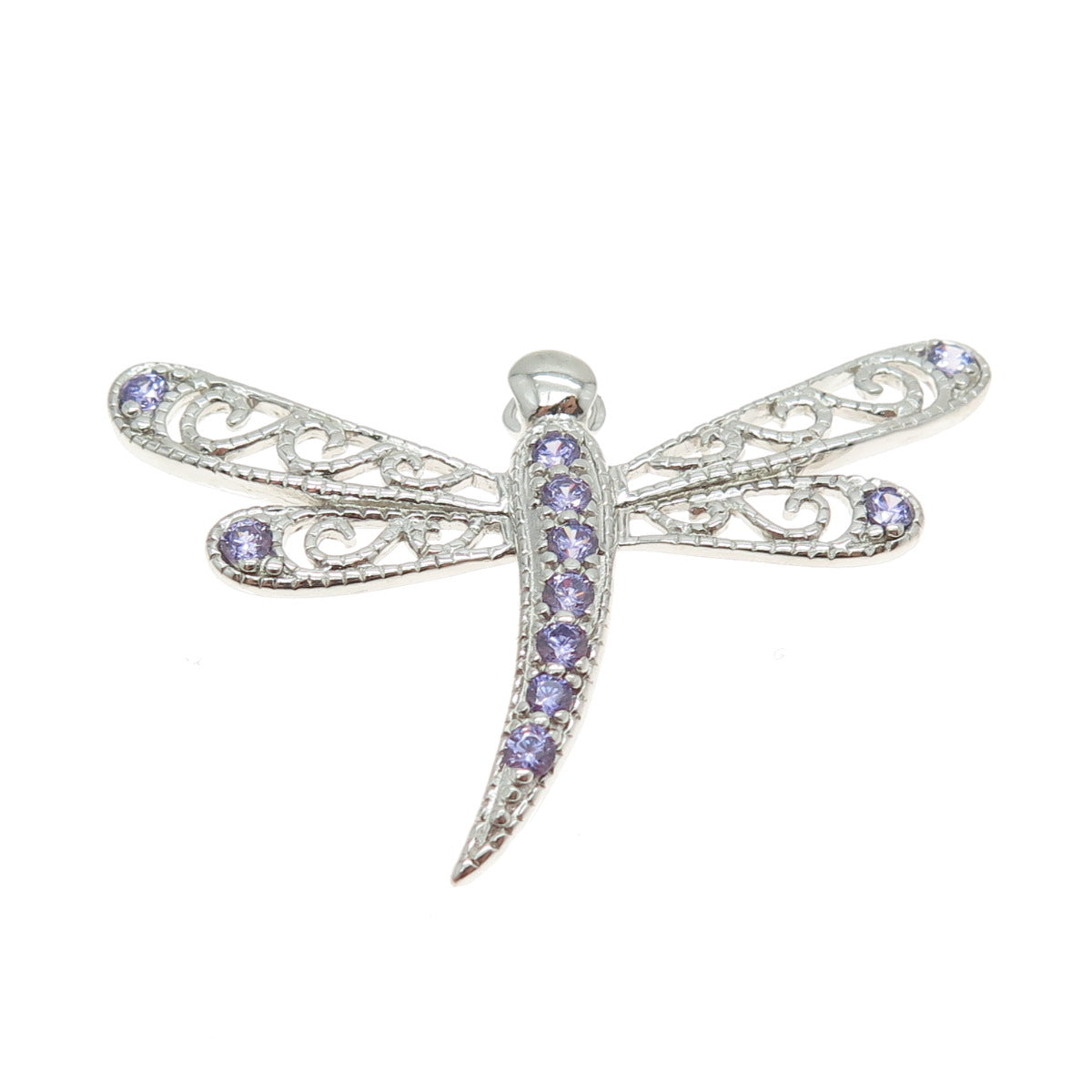 925 Sterling Silver Real Round-Cut Amethyst Dragonfly Slide Pendant