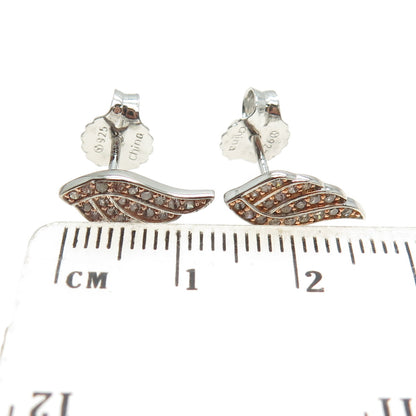 925 Sterling Silver 2-Tone Real Round-Cut Diamond Angel Wing Earrings