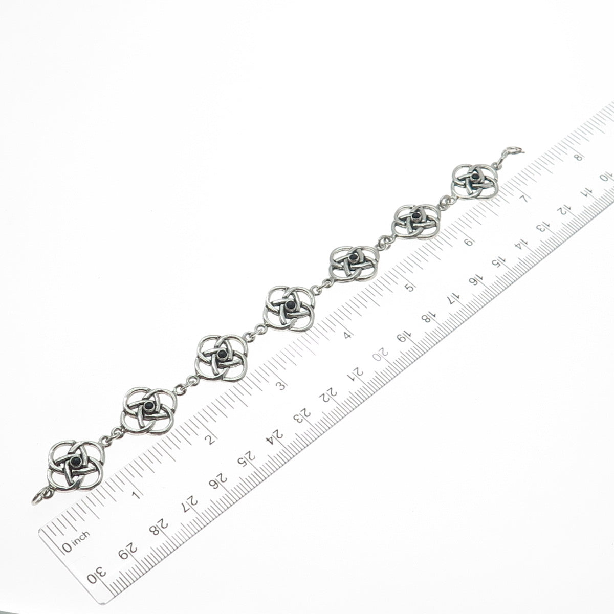 925 Sterling Silver Vintage Real Black Onyx Celtic Love Knot Link Bracelet 7.25"