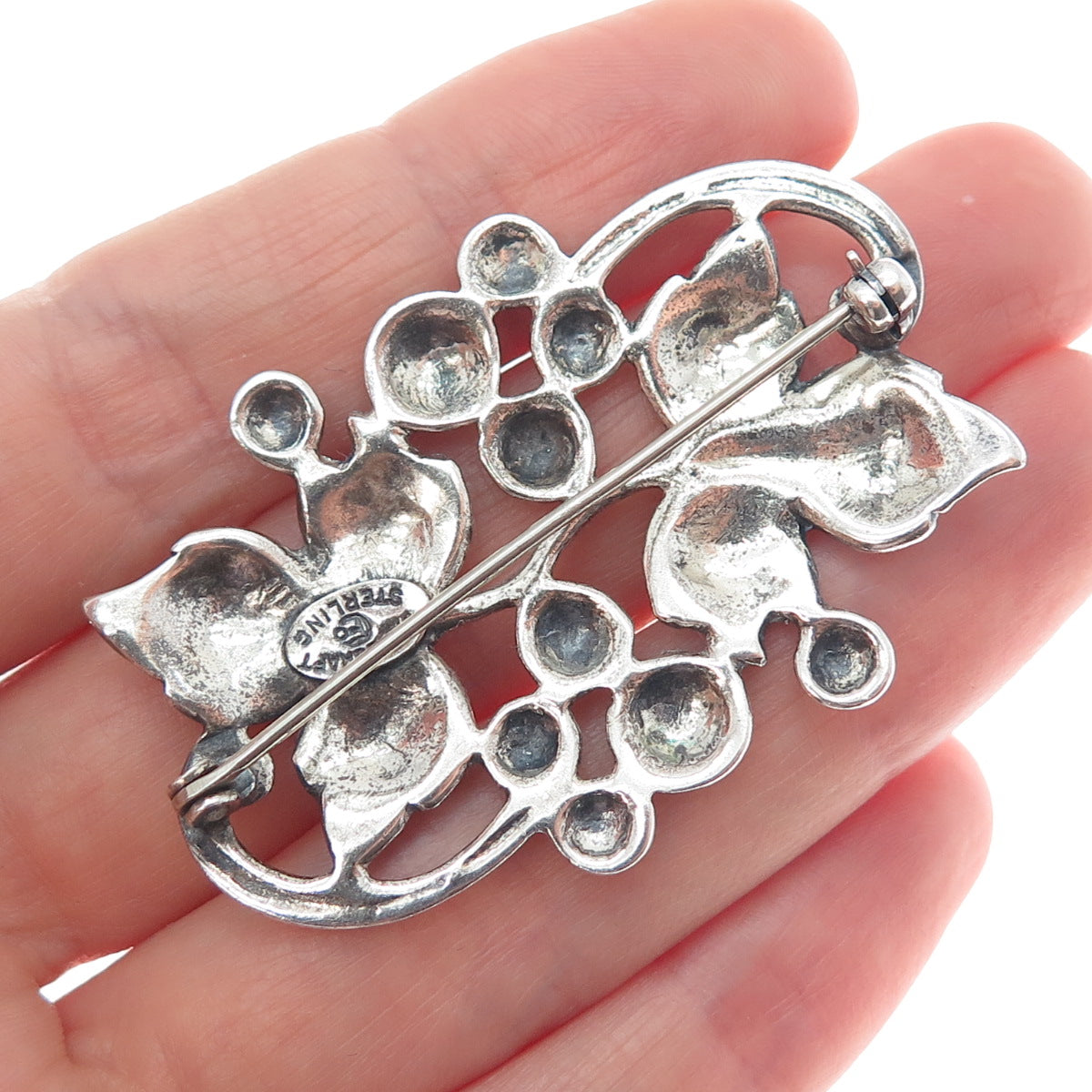 DANECRAFT 925 Sterling Silver Antique Art Deco Floral Leaf Oxidized Pin Brooch