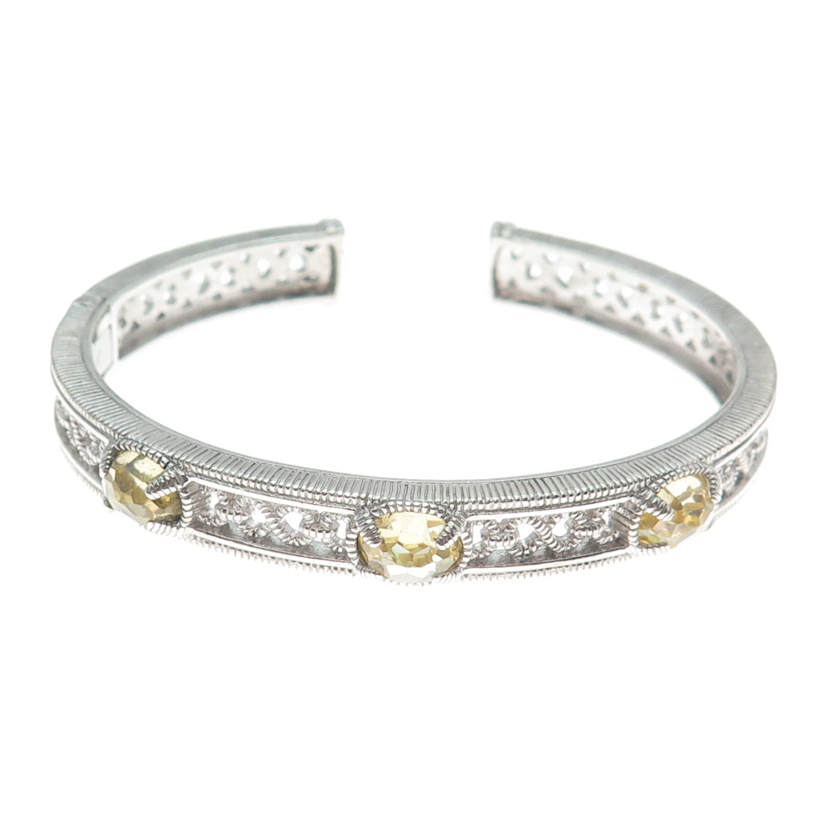 JUDITH RIPKA 925 Sterling Silver Real Citrine Ornate Cuff Bracelet 6.5"
