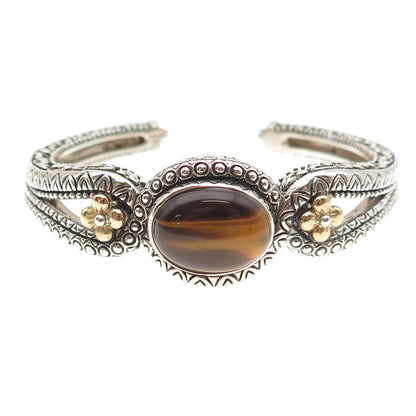 Barbara Bixby Sterling Silver 18K Gold Real Tiger Eye Adjustable Bracelet 6.5"