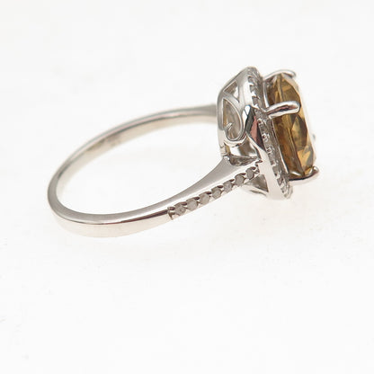 925 Sterling Silver Real Round-Cut Diamond & Smoky Quartz Ring Size 8