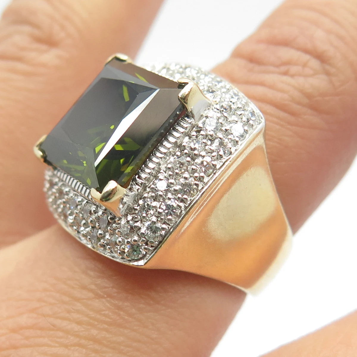 925 Sterling Silver Gold Plated Seta Green & White C Z Square Ring Size 7.25