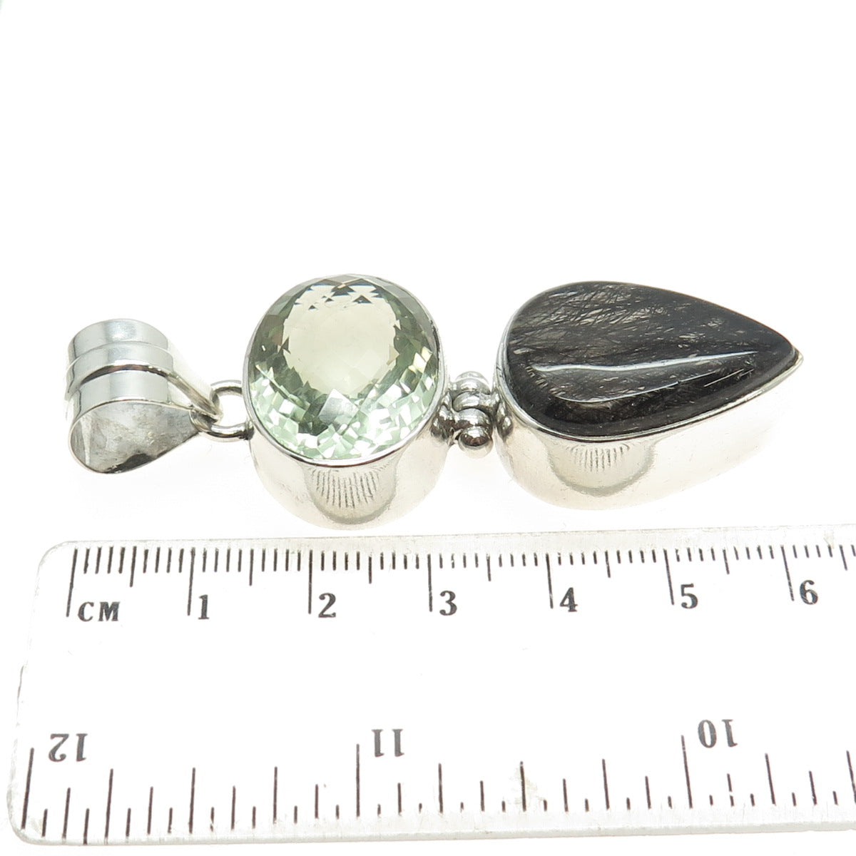 925 Sterling Silver Vintage Real Rutilated Quartz & Green Amethyst Gem Pendant