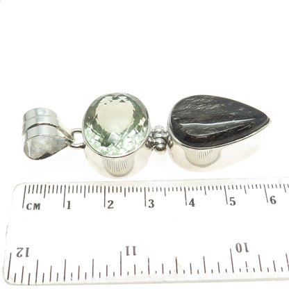 925 Sterling Silver Vintage Real Rutilated Quartz & Green Amethyst Gem Pendant