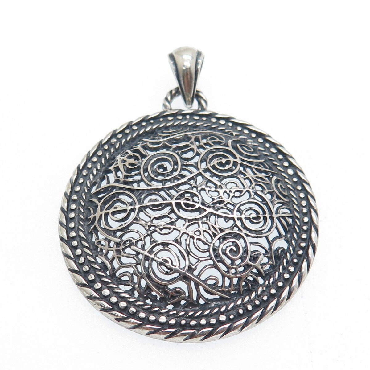 925 Sterling Silver Vintage Spiral Filigree Oxidized Charm Pendant
