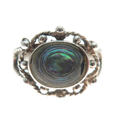 925 Sterling Silver Vintage Real Abalone Shell Modernist Beaded Ring Size 5.25