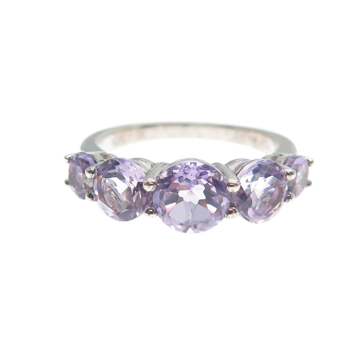 925 Sterling Silver Real Round-Cut Graduated Amethyst Ring Size 6