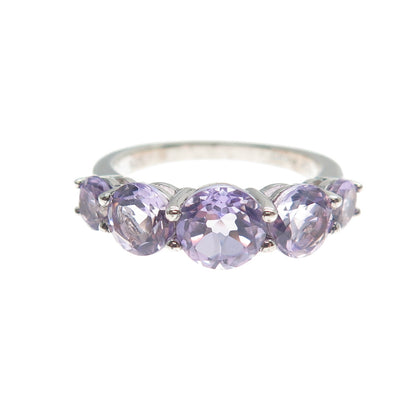 925 Sterling Silver Real Round-Cut Graduated Amethyst Ring Size 6