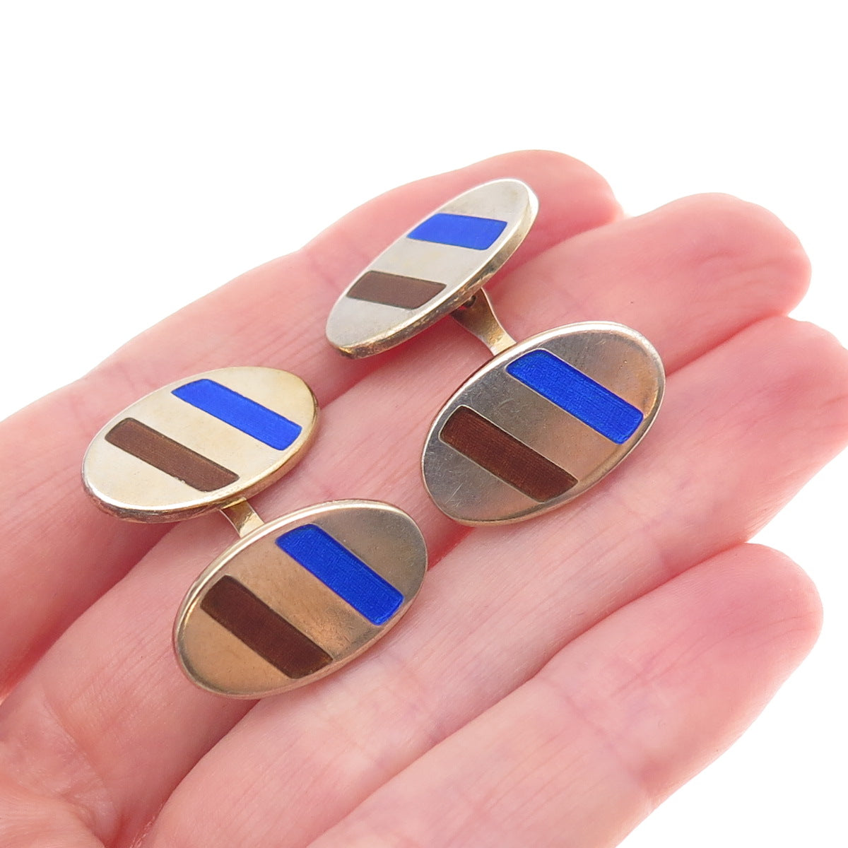 925 Sterling Silver Gold Plated Vintage Italy Enamel Oval Cufflinks