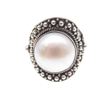 925 Sterling Silver Vintage Real Pearl Modernist Beaded Oxidized Ring Size 9.25