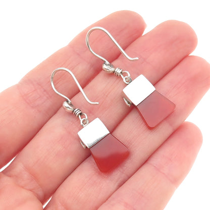 925 Sterling Silver Vintage Real Carnelian Modernist Floral Dangle Earrings