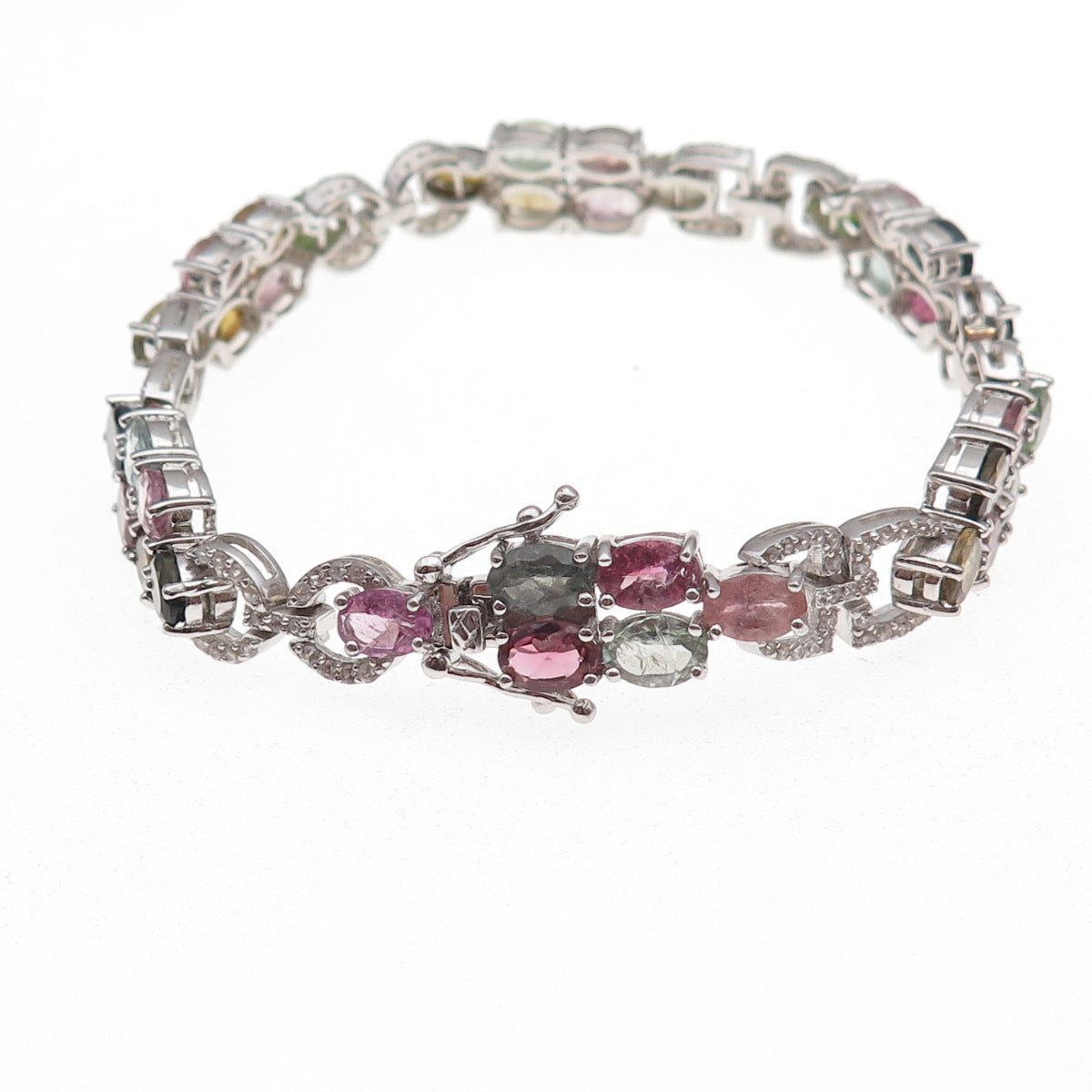 925 Sterling Silver Real Multi-Color Tourmaline & White Topaz Bracelet 7.25"