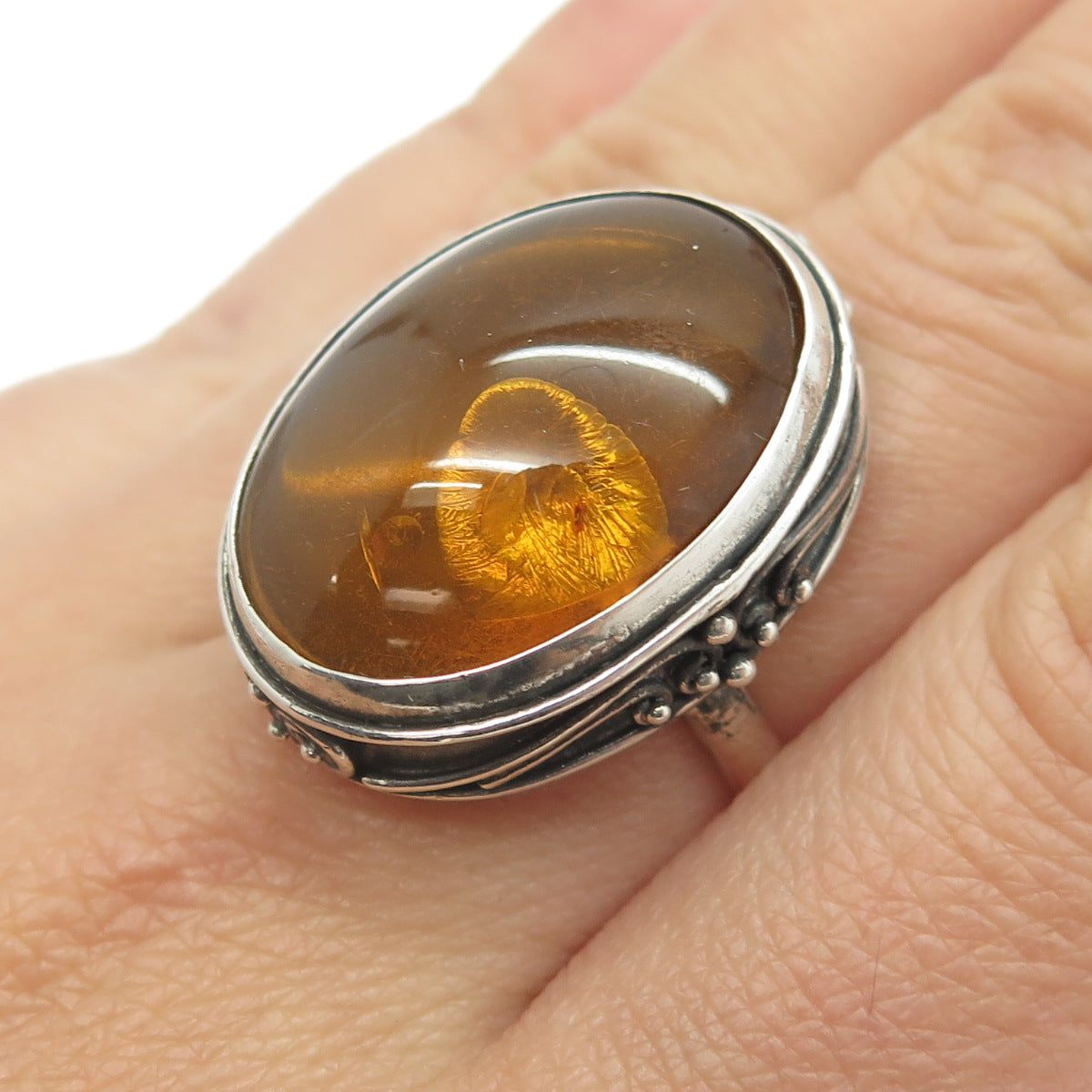 925 Sterling Silver Vintage Real Large Amber Ring Size 7