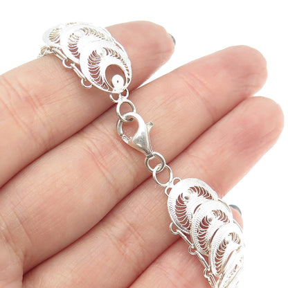 925 Sterling Silver Vintage Italy Filigree Disc Link Bracelet 7.25"