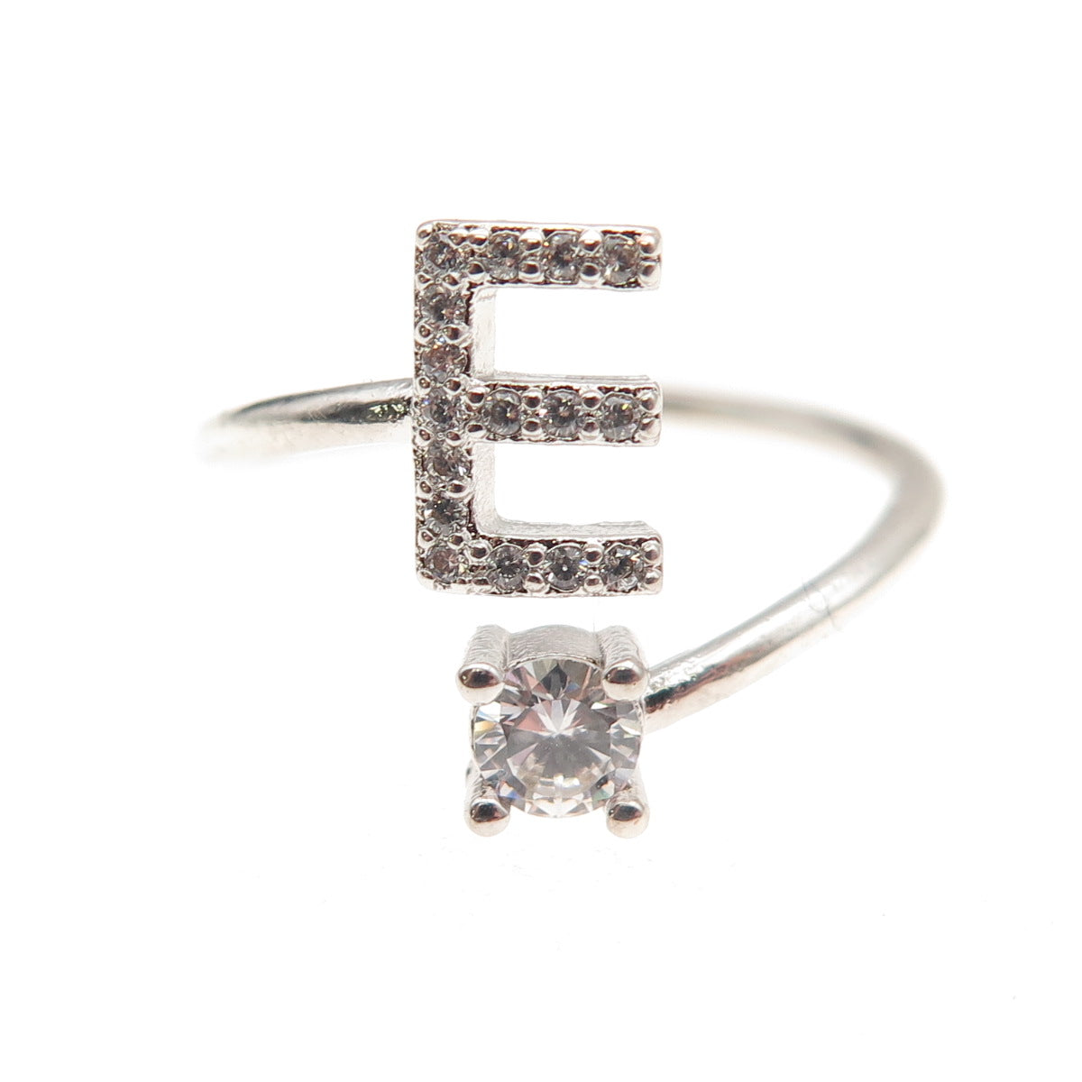 925 Sterling Silver Round-Cut C Z Letter E Initial Adjustable Ring Size 7.25