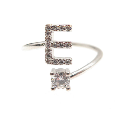 925 Sterling Silver Round-Cut C Z Letter E Initial Adjustable Ring Size 7.25