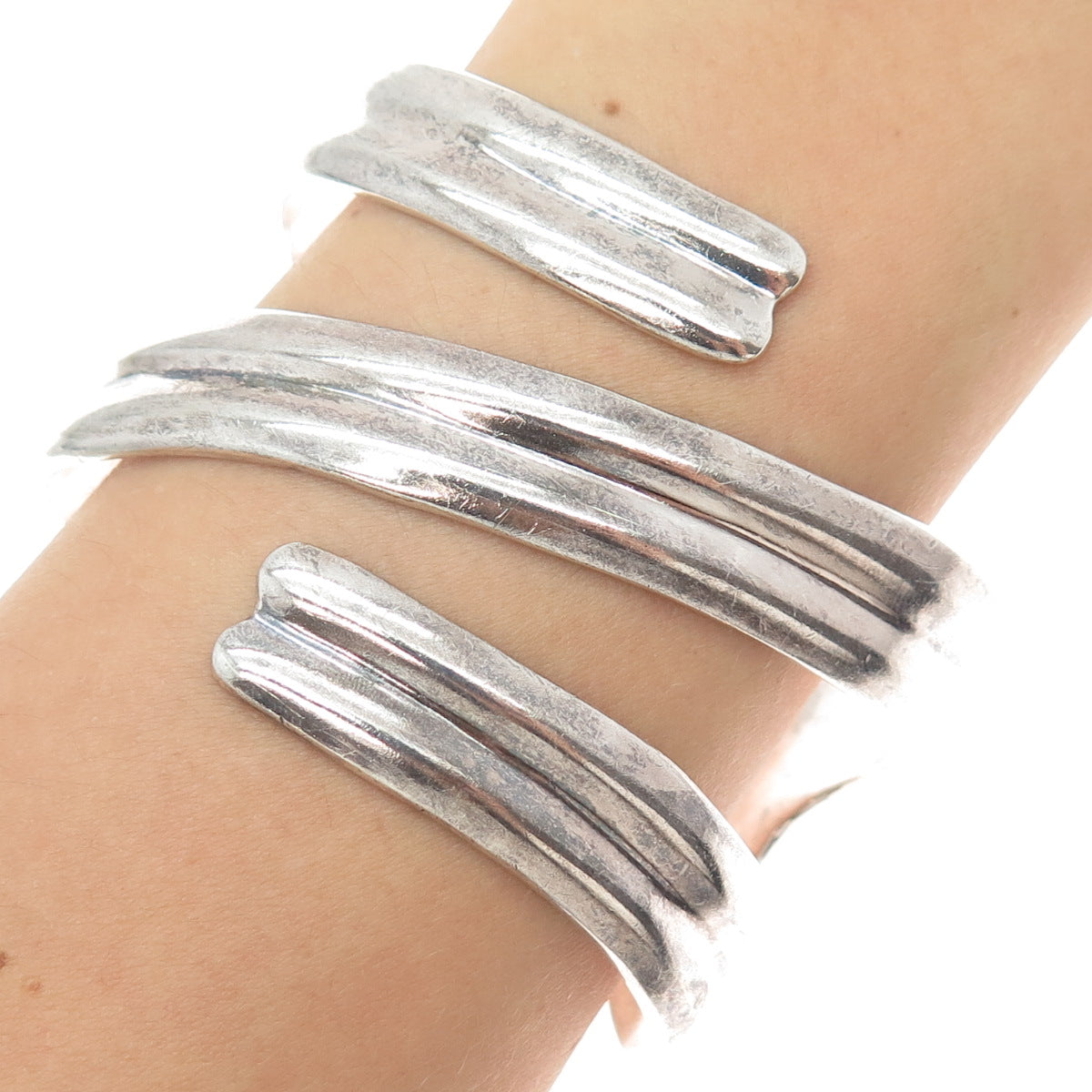 925 Sterling Silver Vintage Mexico Modernist Wavy Adjustable Bracelet 7.25"