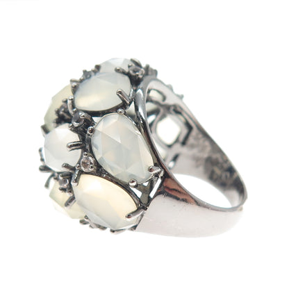 925 Sterling Silver Black Rhodium Real Chalcedony & White Topaz Ring Size 7.25