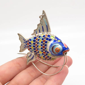 925 Sterling Silver Enamel Antique Chinese Koi Fish Articulated Chatelaine Fob