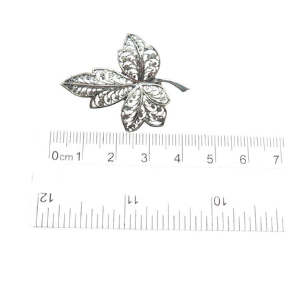 800 Silver Vintage Modernist Floral Leaf Filigree Oxidized Pin Brooch