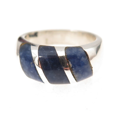 925 Sterling Silver Vintage Mexico Real Lapis & Sodalite Oxidized Ring Size 7.5