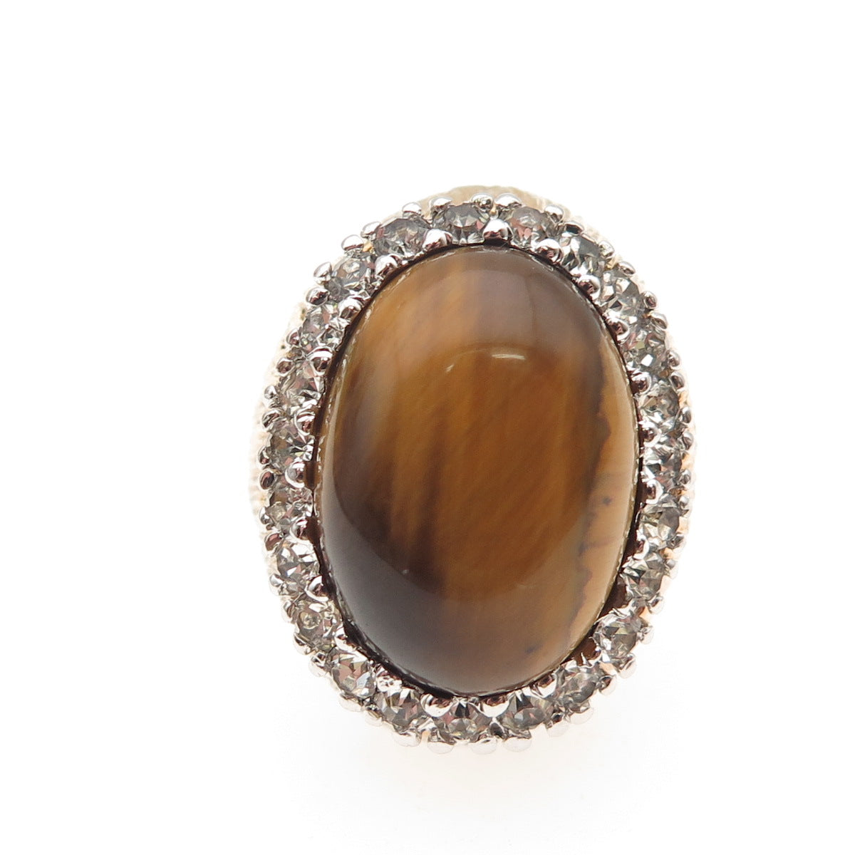 PANETTA Sterling Gold Plated Vintage Real Tiger Eye & Rhinestone Ring Size 6.25