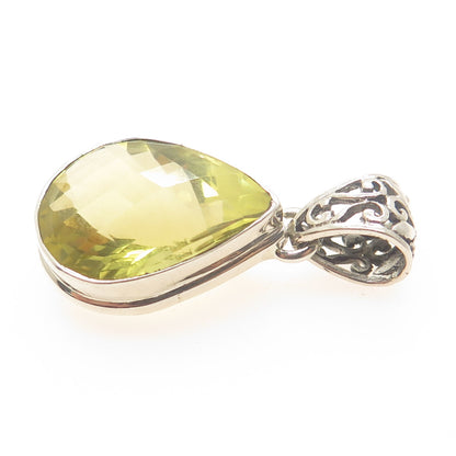 925 Sterling Silver Vintage Real Pear-Cut Lime Citrine Ornate Teardrop Pendant