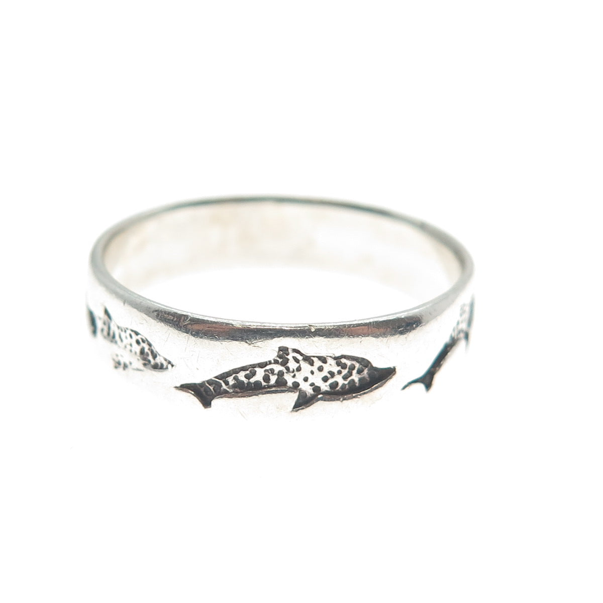 PETER STONE 925 Sterling Silver Vintage Friendly Dolphins Band Ring Size 8.5
