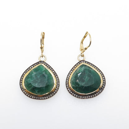 925 Sterling Silver Gold Plated Real Diamond & Emerald Teardrop Dangle Earrings